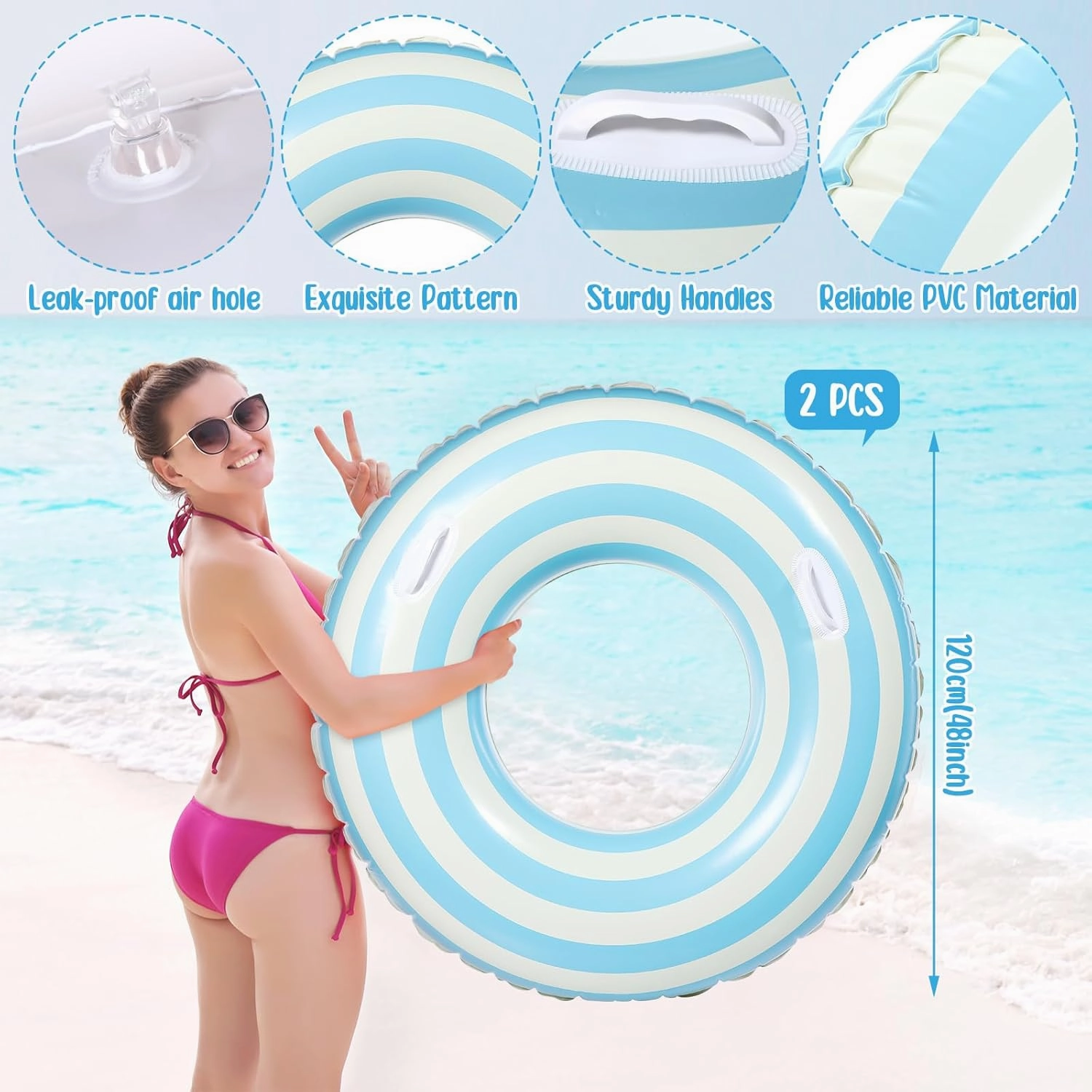 2 Pcs Large Adult Size Pool Ring Floats Swim Ring with Handles 47. 24 Inch Inflatable Swimming Pool Floats Tubes for Adults Teens for Beach Summer Lounger Party