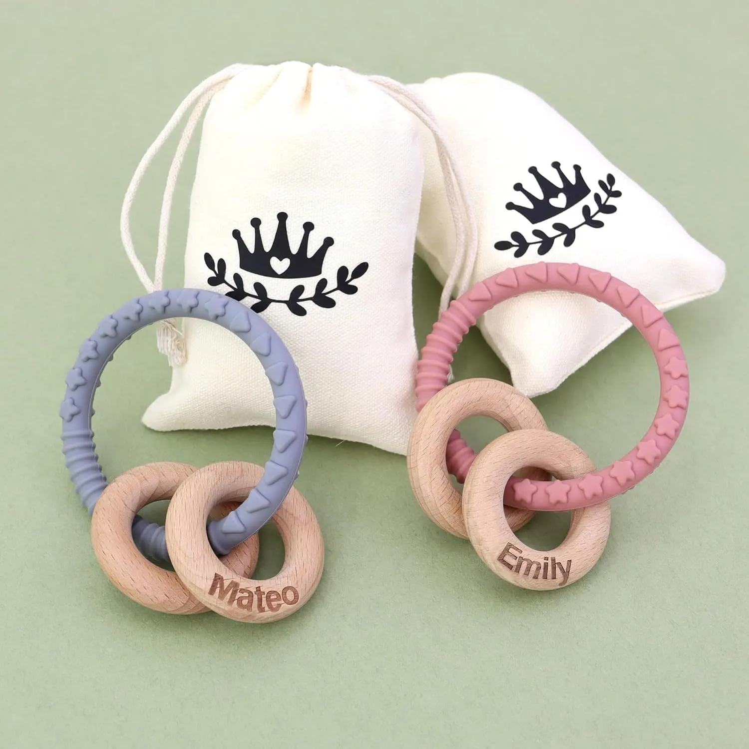 2PCS Customizable Teething Rattle with Name for Babies,Personalized Rattle Teether Ring Sensory Toy Girls and Boys Gift