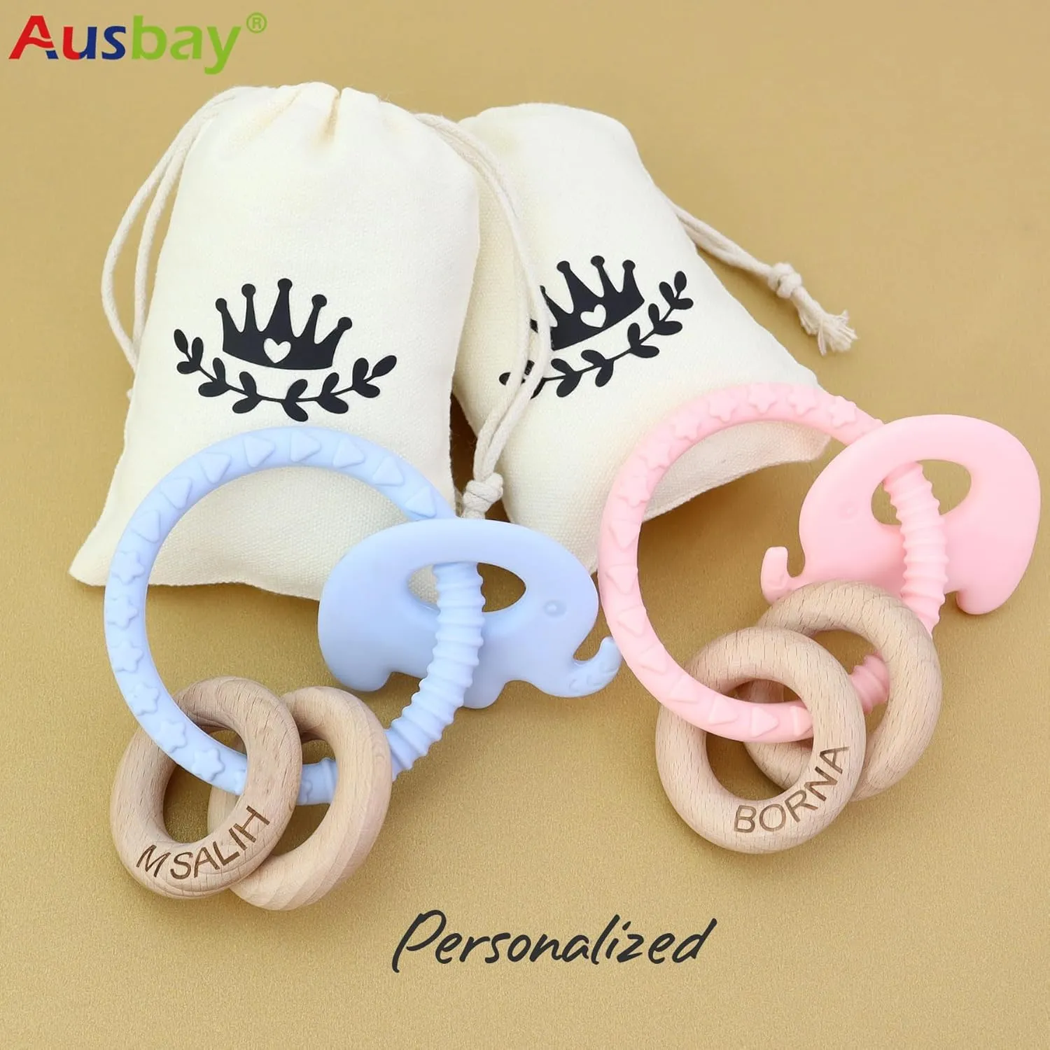 2PCS Customizable Teething Rattle with Name for Babies,Personalized Rattle Teether Ring Sensory Toy Girls and Boys Gift