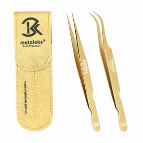 2Pcs Professional Tweezers for Eyelash Extension - Straight and Curved Pointed Tweezers - Japanese Stainless Steel Precision Tweezers set With Pouch In Golden Titanium Coating