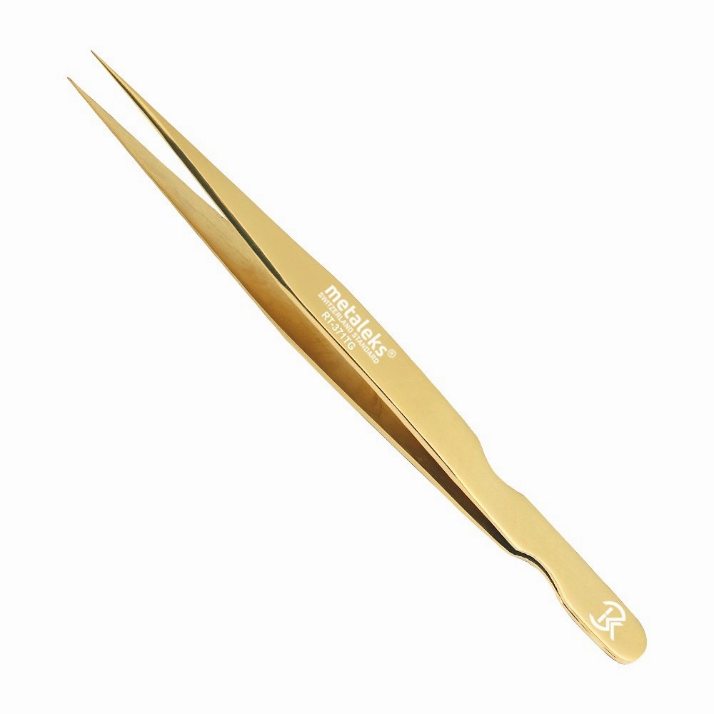 2Pcs Professional Tweezers for Eyelash Extension - Straight and Curved Pointed Tweezers - Japanese Stainless Steel Precision Tweezers set With Pouch In Golden Titanium Coating