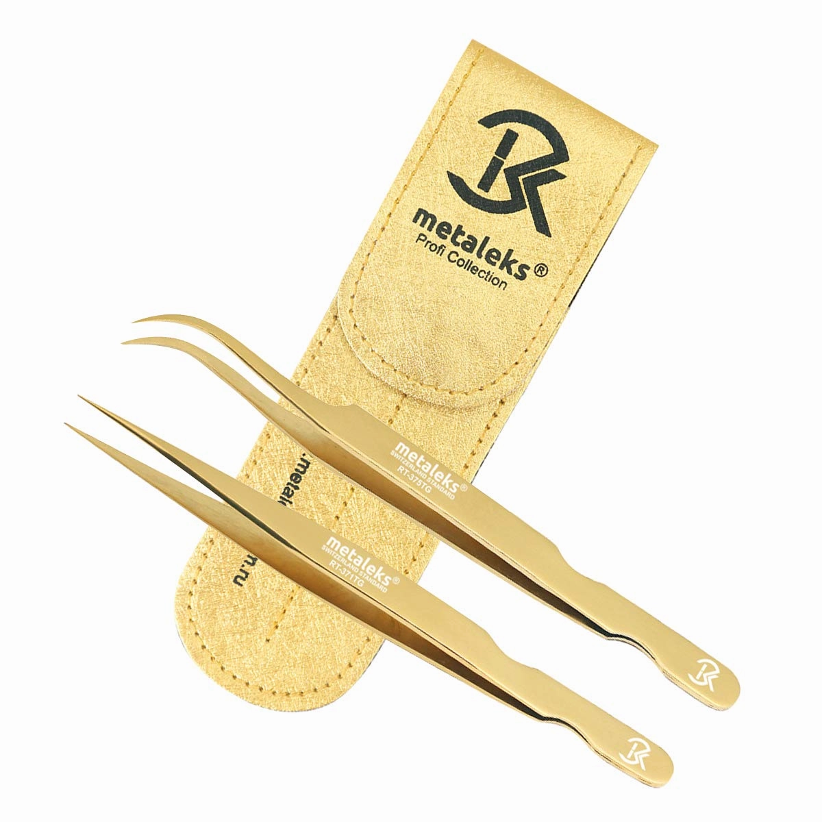 2Pcs Professional Tweezers for Eyelash Extension - Straight and Curved Pointed Tweezers - Japanese Stainless Steel Precision Tweezers set With Pouch In Golden Titanium Coating