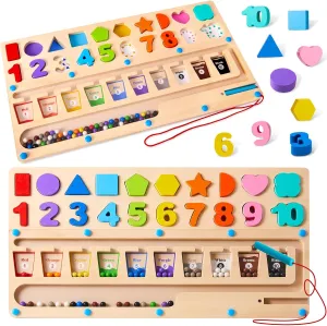 3 in 1 Montessori Toys for 3  Year Old, Educational Magnetic Color and Number Maze, Shape & Number Wooden Puzzle Sorting Toys for Toddlers, Preschool Learning Activities Classroom Must Haves