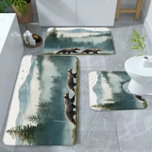 3 Pieces Rustic Bear Bath Mat Set Misty Forest Mountains Tree Foggy Wild Aniaml Wildlife Farmhouse Cabin Jungle Natural Hunting Lodge Bathroom Rugs Bedroom Laundry Kitchen Mats