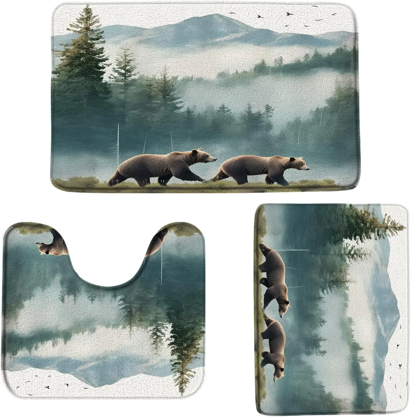 3 Pieces Rustic Bear Bath Mat Set Misty Forest Mountains Tree Foggy Wild Aniaml Wildlife Farmhouse Cabin Jungle Natural Hunting Lodge Bathroom Rugs Bedroom Laundry Kitchen Mats