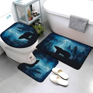 3 Pieces Set Forest Bear Bath Mat Wild Aniaml Misty Mountains Tree Foggy Wildlife Rustic Cabin Jungle Natural Hunting Lodge Bathroom Rugs Toilet Lid Cover Pedestal Rug U-Shaped