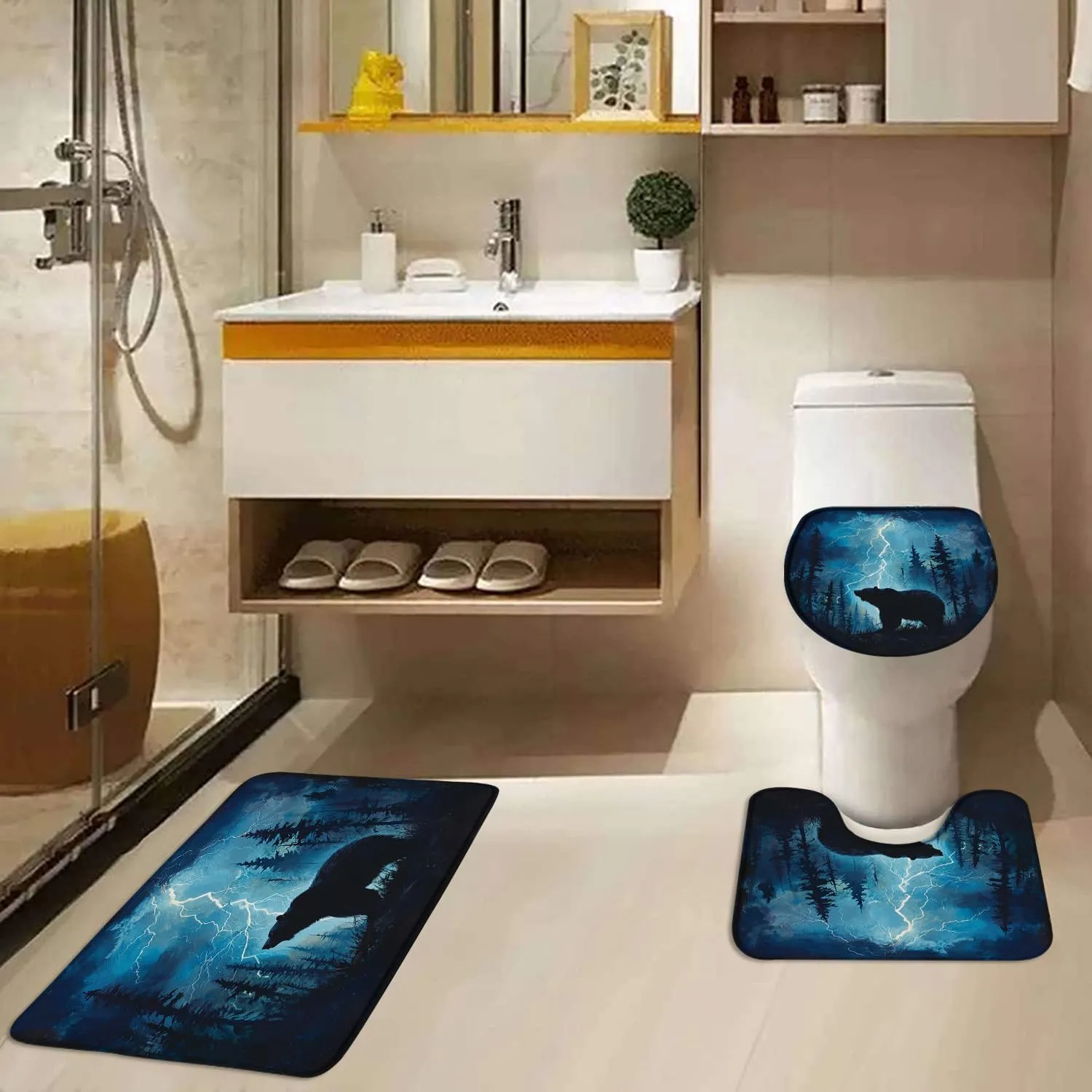 3 Pieces Set Forest Bear Bath Mat Wild Aniaml Misty Mountains Tree Foggy Wildlife Rustic Cabin Jungle Natural Hunting Lodge Bathroom Rugs Toilet Lid Cover Pedestal Rug U-Shaped