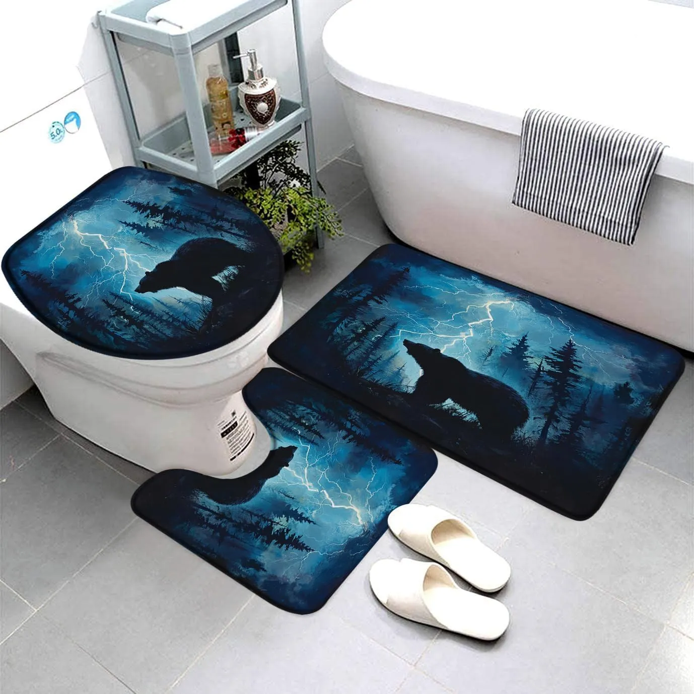 3 Pieces Set Forest Bear Bath Mat Wild Aniaml Misty Mountains Tree Foggy Wildlife Rustic Cabin Jungle Natural Hunting Lodge Bathroom Rugs Toilet Lid Cover Pedestal Rug U-Shaped