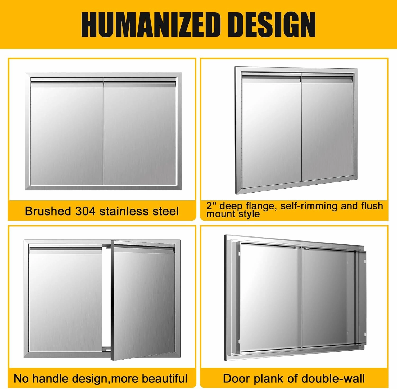 31Wx24H BBQ Access Double Doors, Flush Mount Stainless Steel Outdoor Kitchen Door with Horizontal Recessed Handle for Outside Cabinets and BBQ Island