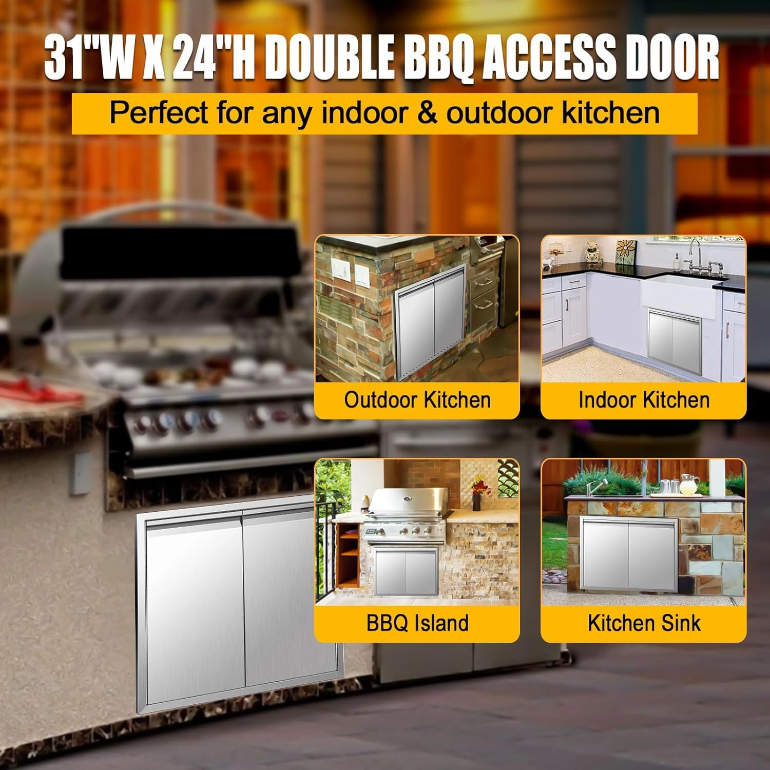 31Wx24H BBQ Access Double Doors, Flush Mount Stainless Steel Outdoor Kitchen Door with Horizontal Recessed Handle for Outside Cabinets and BBQ Island