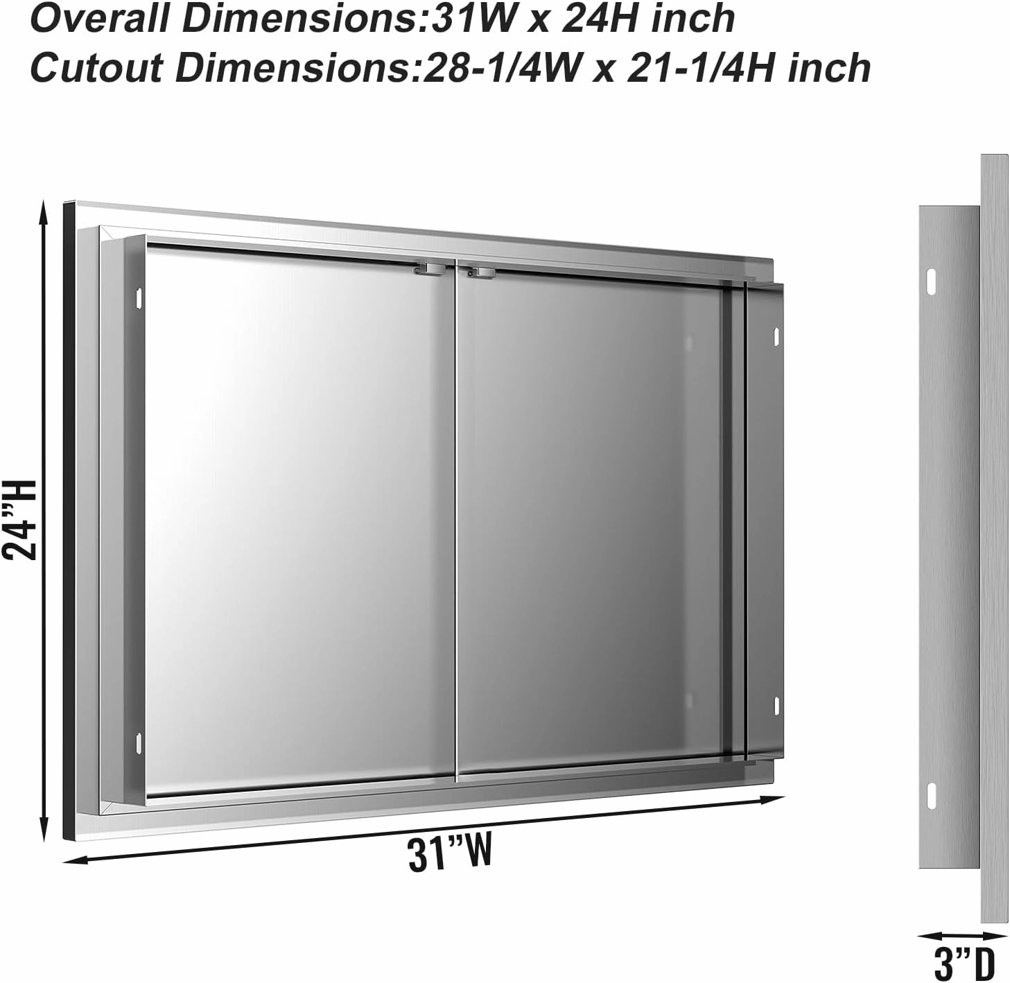 31Wx24H BBQ Access Double Doors, Flush Mount Stainless Steel Outdoor Kitchen Door with Horizontal Recessed Handle for Outside Cabinets and BBQ Island
