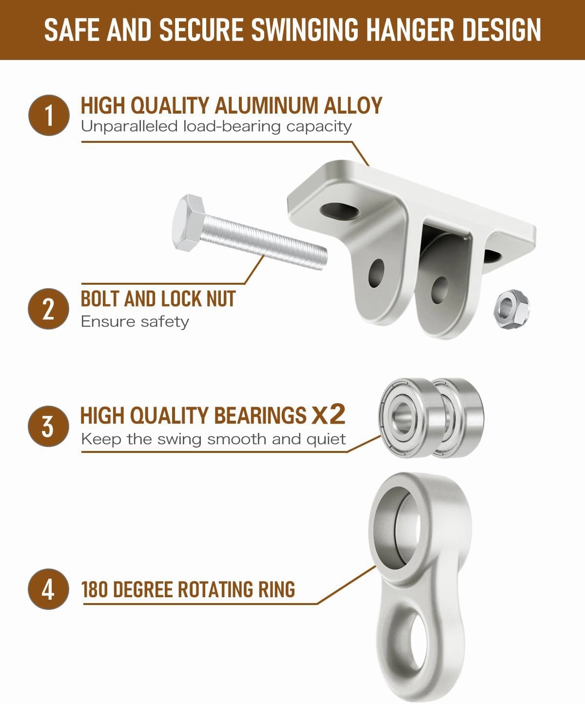 3500lb Heavy Duty Porch Swing Hangers Kit, with Screws Bolts for Wooden Sets Playground Porch Patio Yoga Seat Indoor Outdoor Hanging Snap Hooks (4 Pack Silver)