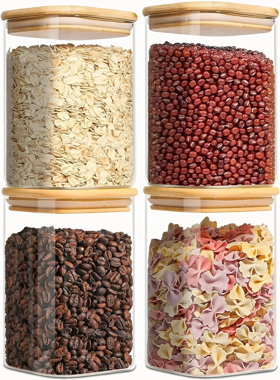 37oz Square Glass Storage Containers with Lids, glass jar with airtight lid, Glass Canister for Pantry Cookie Flour Cereal Rice Sugar Tea Coffee Beans Spice, Square Set of 4
