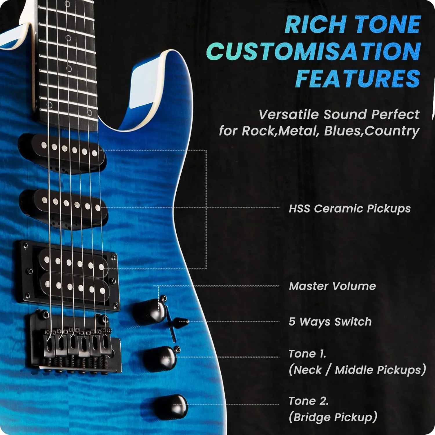 39" Solid Body Electric Guitar: Electric Guitar Kit with Bone Nut, Full Size 6 String Guitars with 24 Frets,Poplar Body AAA Flame Maple Top,Guitarra Electrica with HSS Ceramic Pickup,Blue
