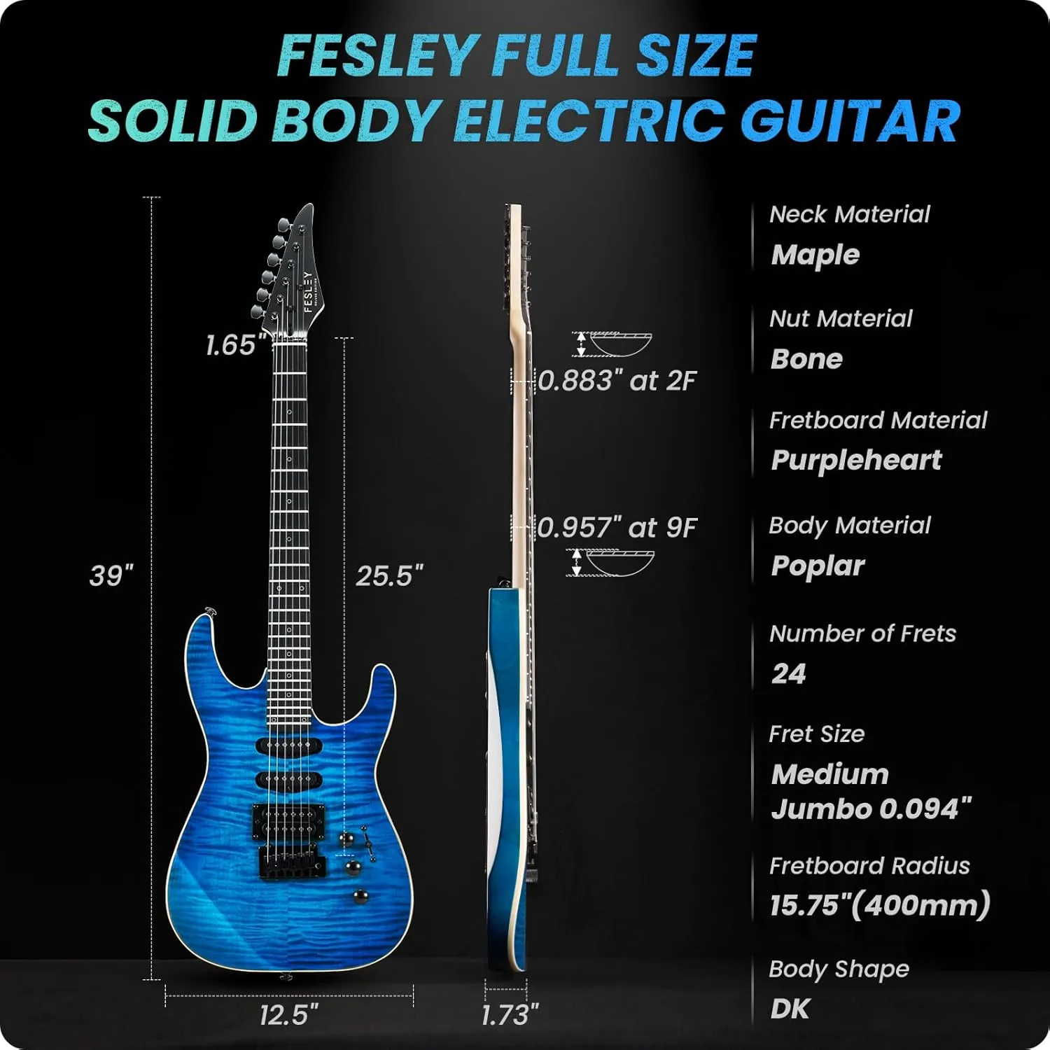 39" Solid Body Electric Guitar: Electric Guitar Kit with Bone Nut, Full Size 6 String Guitars with 24 Frets,Poplar Body AAA Flame Maple Top,Guitarra Electrica with HSS Ceramic Pickup,Blue