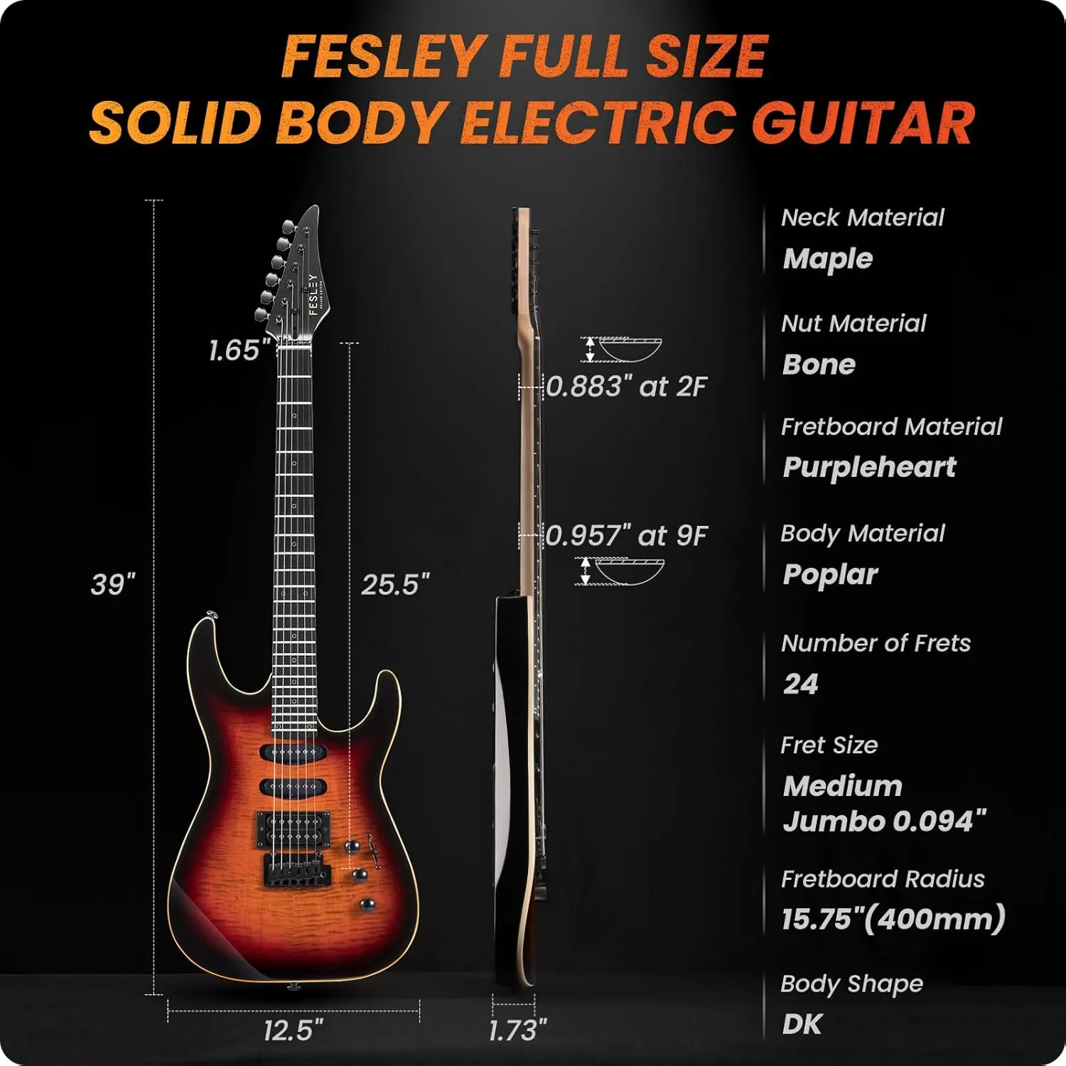 39" Solid Body Electric Guitar: Electric Guitar Kit with Bone Nut, Full Size 6 String Guitars with 24 Frets,Poplar Body AAA Flame Maple Top,Guitarra Electrica with HSS Ceramic Pickup,Sunburst