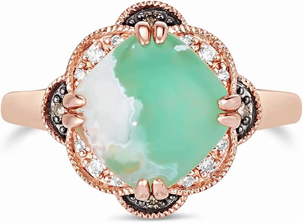3 1/4 Carat Cushion Shaped Aquaprase Cabochon Topaz and Quartz Milgrain Flower Statement Ring for Women in 14k Rose Gold Plated 925 Sterling Silver Promise Anniversary Ring Size 5 to 10 by LeVian