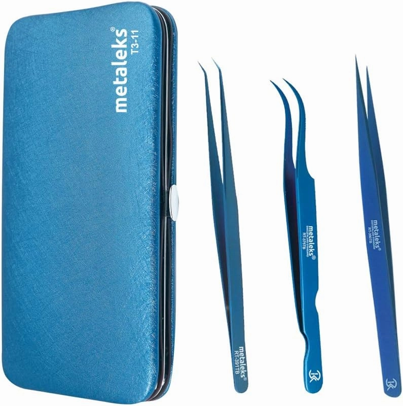 3 Pcs Russian Volume Japanese Stainless Steel Tweezers for Eyelash Extension (Blue Titanium Coated.)