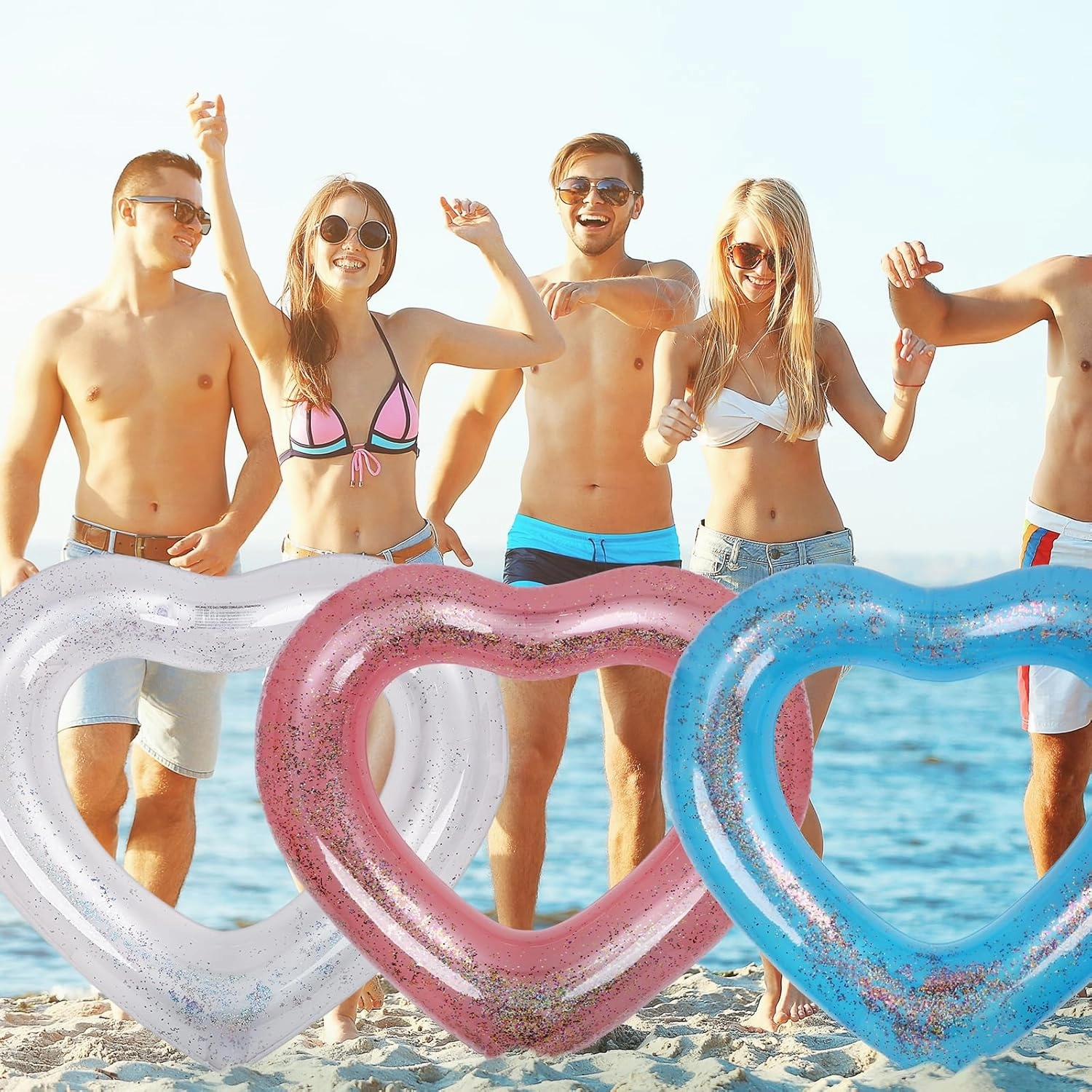 3 Pieces Inflatable Heart Pool Float, Glitter Inflatable Swim Rings Bachelorette Party Pool Float Tube, Heart Shaped Summer Swimming Ring, Water Beach Party for Adults ﻿ ﻿
