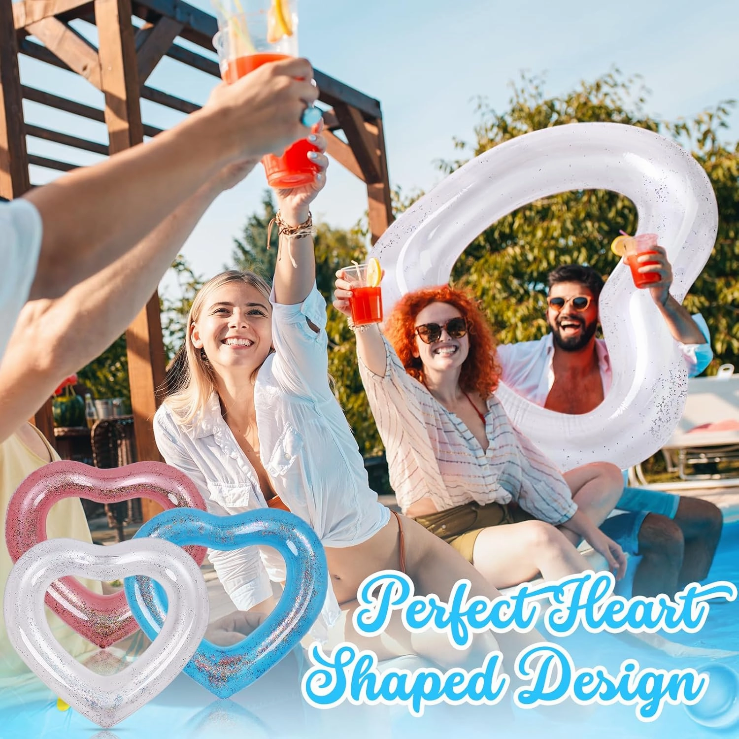 3 Pieces Inflatable Heart Pool Float, Glitter Inflatable Swim Rings Bachelorette Party Pool Float Tube, Heart Shaped Summer Swimming Ring, Water Beach Party for Adults ﻿ ﻿