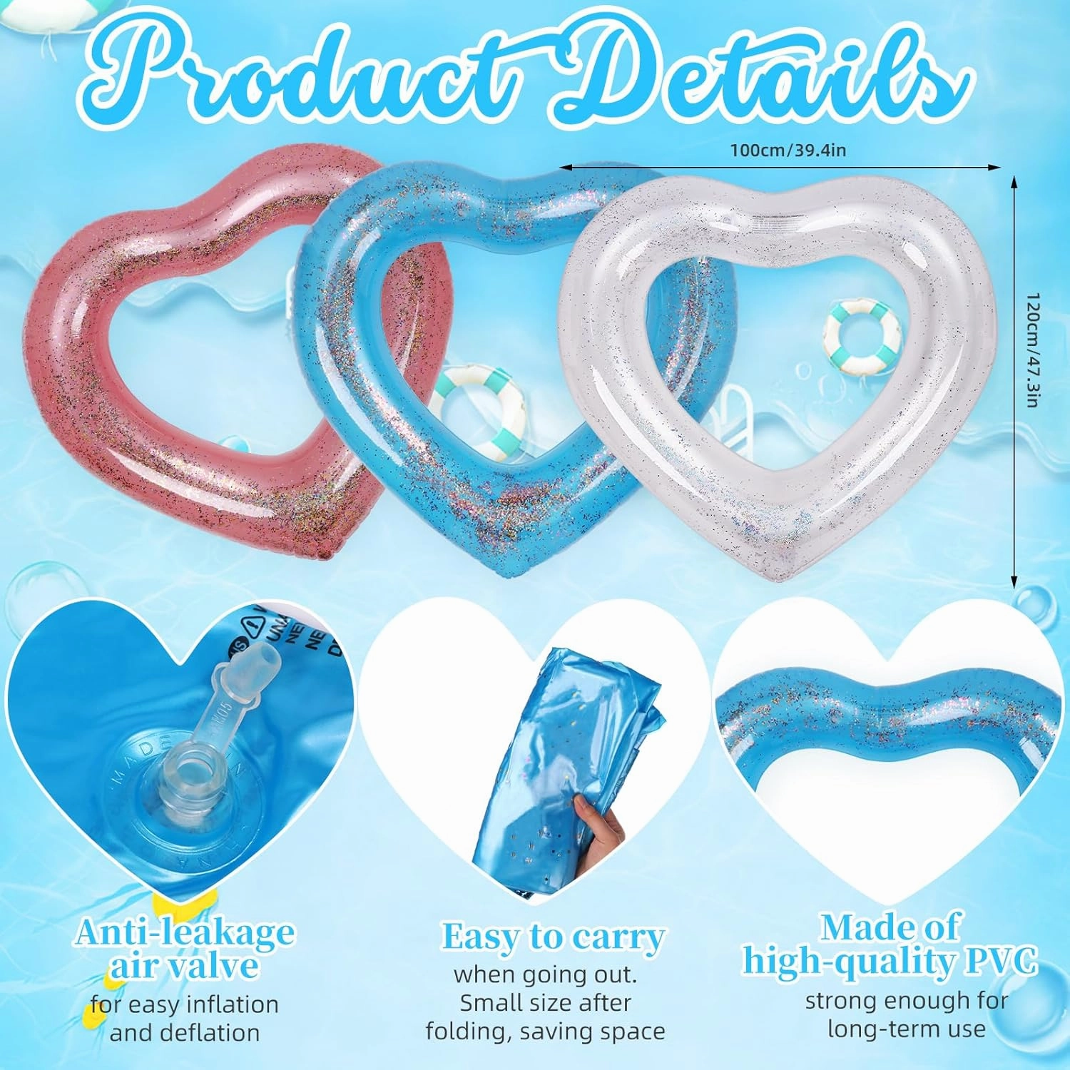 3 Pieces Inflatable Heart Pool Float, Glitter Inflatable Swim Rings Bachelorette Party Pool Float Tube, Heart Shaped Summer Swimming Ring, Water Beach Party for Adults ﻿ ﻿