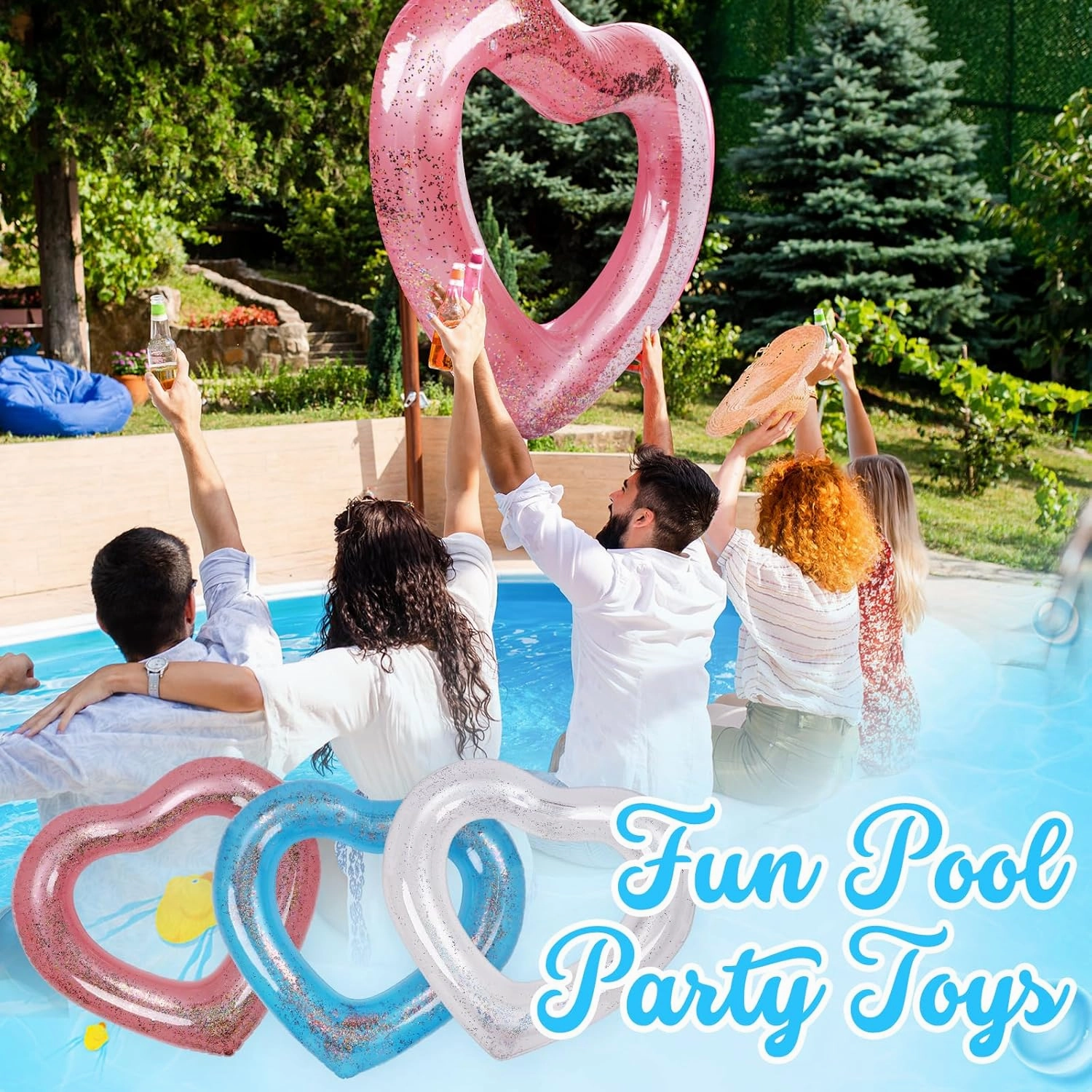 3 Pieces Inflatable Heart Pool Float, Glitter Inflatable Swim Rings Bachelorette Party Pool Float Tube, Heart Shaped Summer Swimming Ring, Water Beach Party for Adults ﻿ ﻿