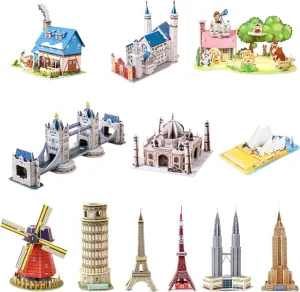 3D Puzzles Gift Set for Kids DIY Jigsaw Toys Paper and EPS Foam Board and Adults Fun and Creative DIY Model Building kit for Kids Toys for Girls and Boys. (Architectural Series (12 Sets))