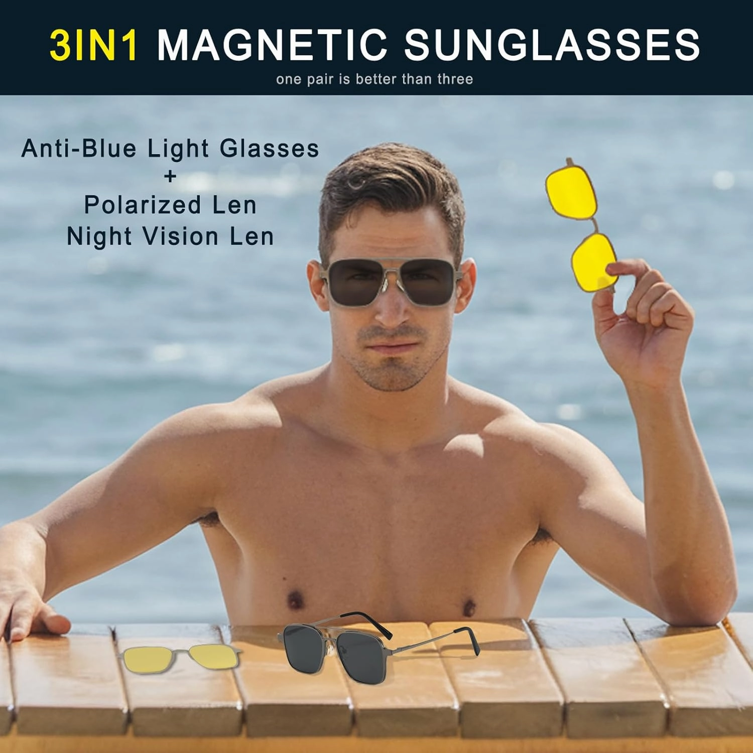 3in1 Magnetic Clip On Sunglasses Polarized For Women Mens Blue Light Glassess Aviator Stylish Eyewear for Drivers
