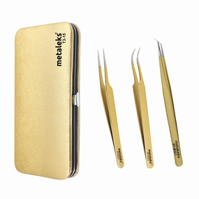 3Pcs Eyelash Extension Tweezers Made In Surgical Stainless Steel With Magnetic Kit. (Golden Powder Coated 1)