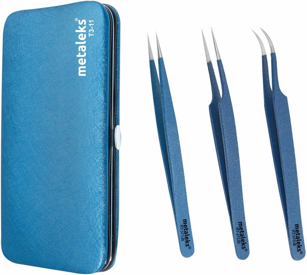 3Pcs Eyelash Extension Tweezers Made In Surgical Stainless Steel With Magnetic Kit (Blue Powder Coated)