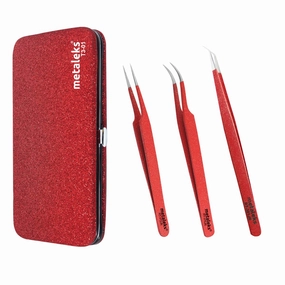 3Pcs Eyelash Extension Tweezers Made In Surgical Stainless Steel With Magnetic Kit (Red Powder Coated)