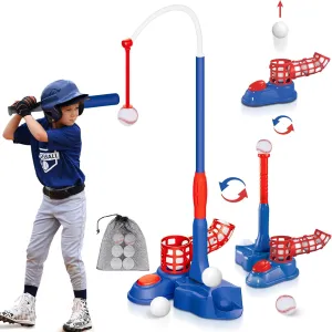 4-in-1 T Ball Set for Toddlers and Kids 3-8: Baseball, Hanging Tee Golf, Pitching Machine & 6 Plastic Balls - Outdoor Sports Toy