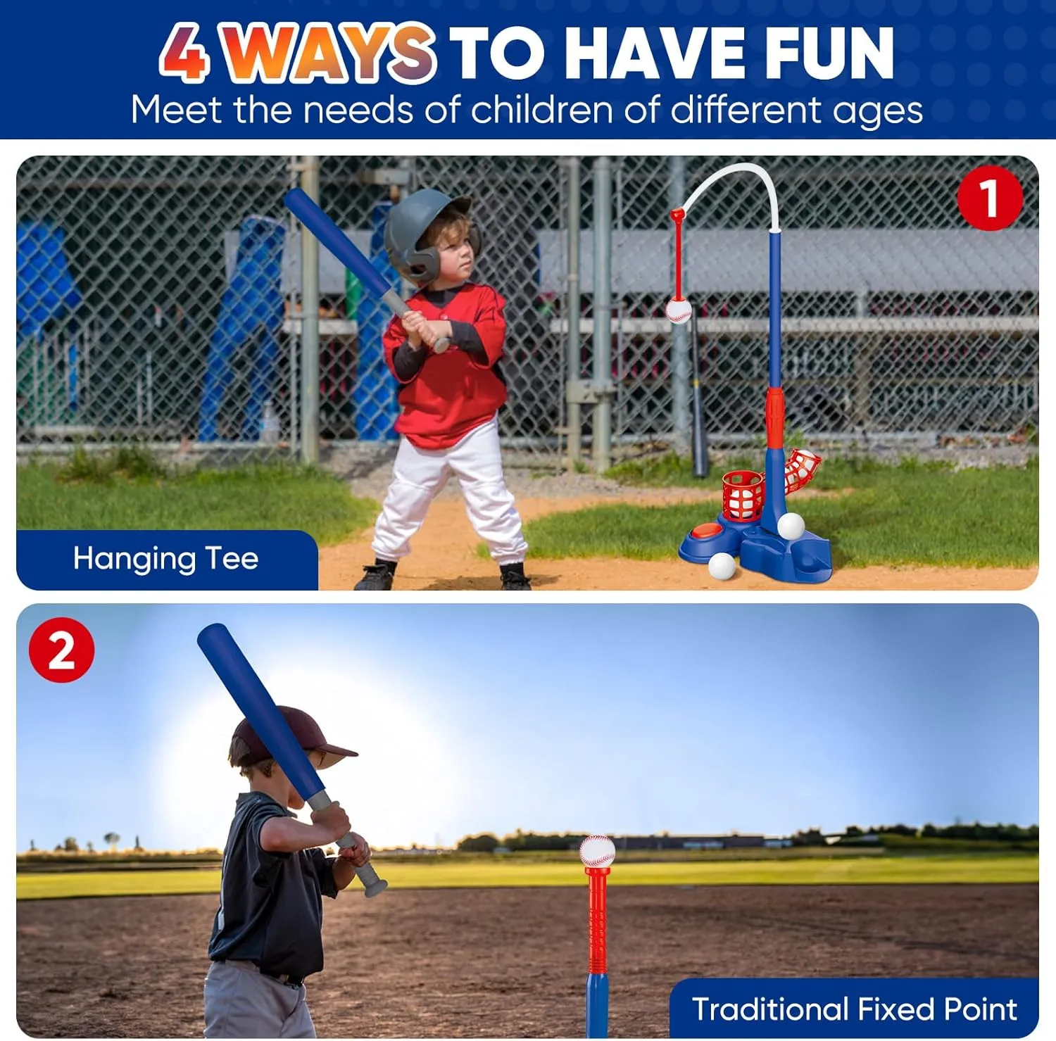 4-in-1 T Ball Set for Toddlers and Kids 3-8: Baseball, Hanging Tee Golf, Pitching Machine & 6 Plastic Balls - Outdoor Sports Toy