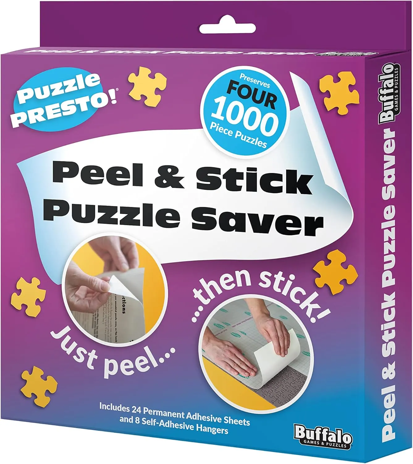 (4 Pack) Puzzle Presto! Peel & Stick Puzzle Saver: The Original and Still The Best Way to Preserve Your Finished Puzzle! 24 Adhesive Sheets and 8 Adhesive Hangars.