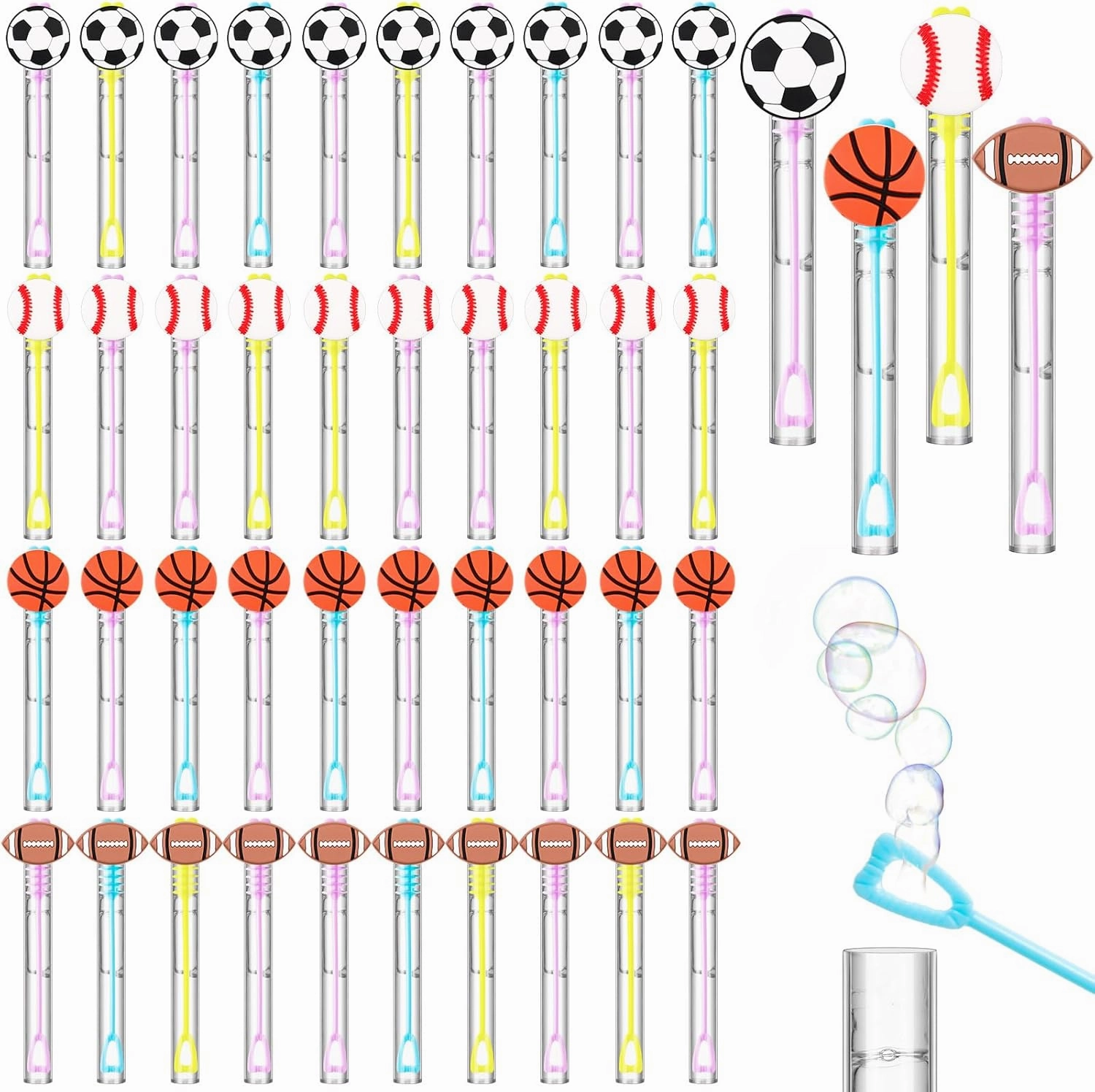 40 Pcs Sport Balls Bubble Bottles Sports Party Favors Mini Bubble Wands Assorted Balls Bubble Wand Bottle Include Soccer Basketball Football Baseball for Party Gift Outdoor Themed Birthday