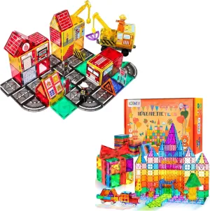 48PCS Magnetic Tiles Road Set with 2 Cranes & Double-Sided Magnet Tiles   132PCS Magnetic Tiles with 2 Cars Deluxe Set