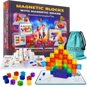 48pcs Magnetic Transparent Blocks, 1inch, 2-in-1 STEM Set with Board, Marker & Book, Educational Building Toy for Kids 3-5, Learning Building Magnet Toys, Magnetic Cubes for Kids Ages 4-8