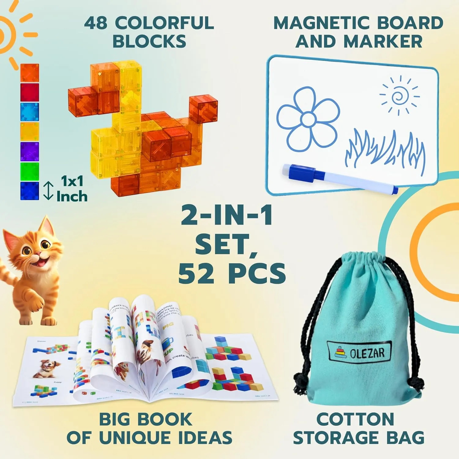 48pcs Magnetic Transparent Blocks, 1inch, 2-in-1 STEM Set with Board, Marker & Book, Educational Building Toy for Kids 3-5, Learning Building Magnet Toys, Magnetic Cubes for Kids Ages 4-8
