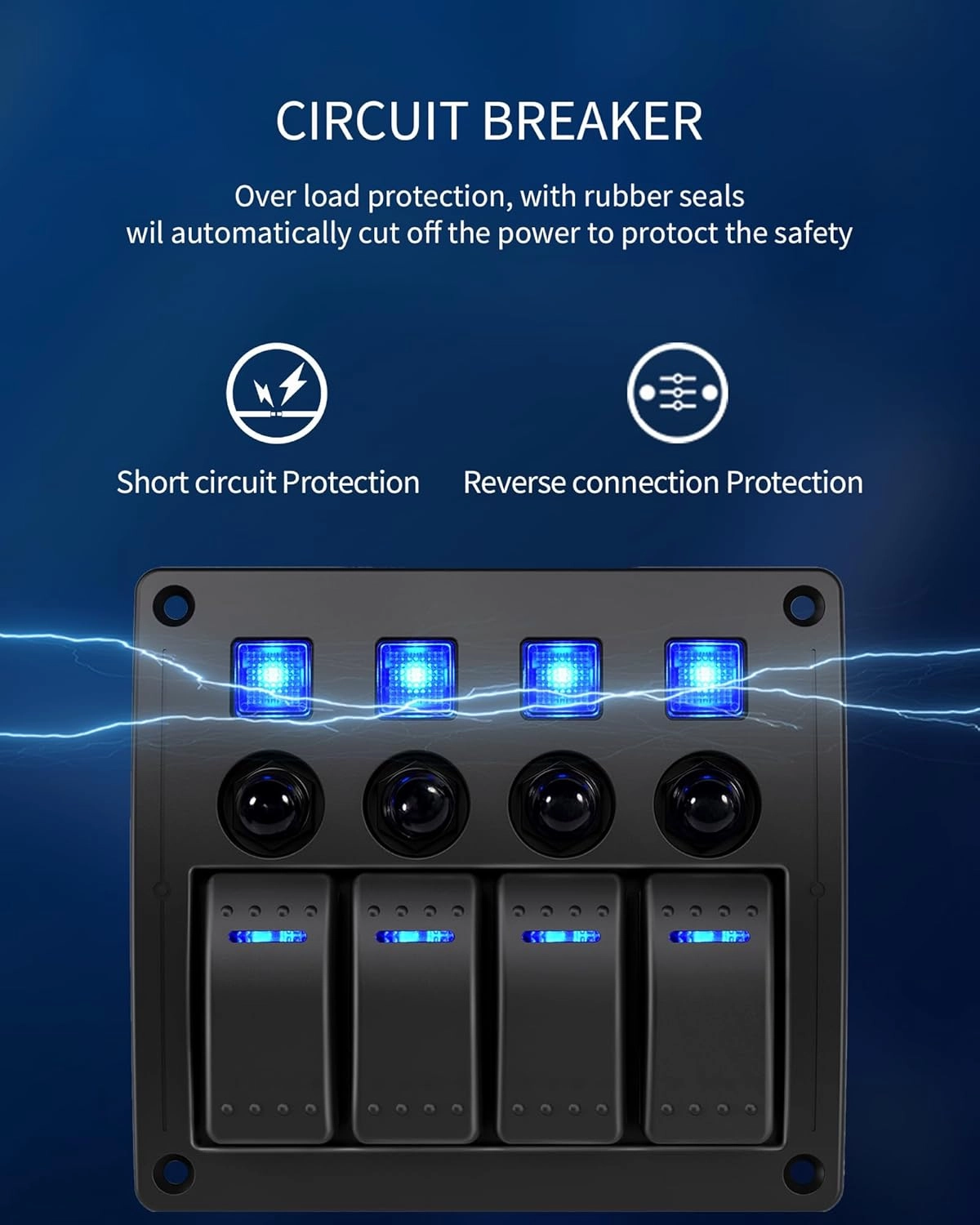 4 Gang Marine Boat Rocker Switch Panel Waterproof Overload Protector,12-24V Pre-Wired Rocker Switch LED Indicator,Multi Function Marine Toggle Switche for RV Truck Boat SUV,2 Years Warranty