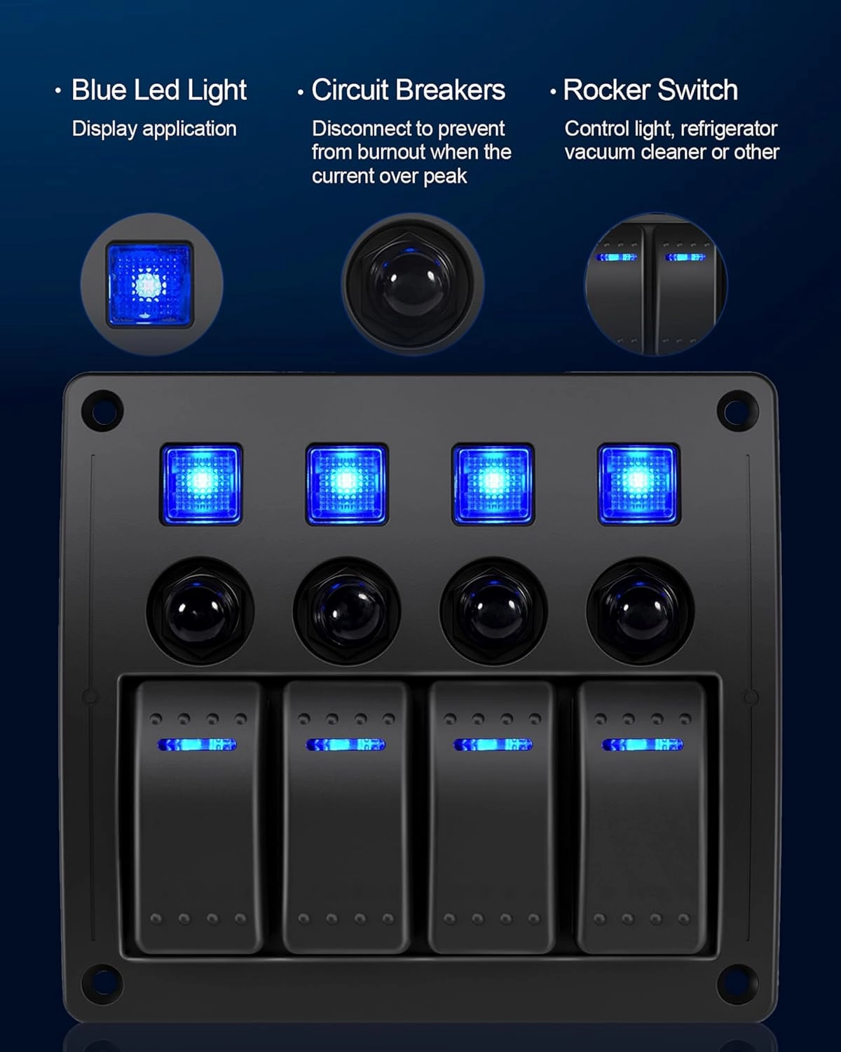 4 Gang Marine Boat Rocker Switch Panel Waterproof Overload Protector,12-24V Pre-Wired Rocker Switch LED Indicator,Multi Function Marine Toggle Switche for RV Truck Boat SUV,2 Years Warranty