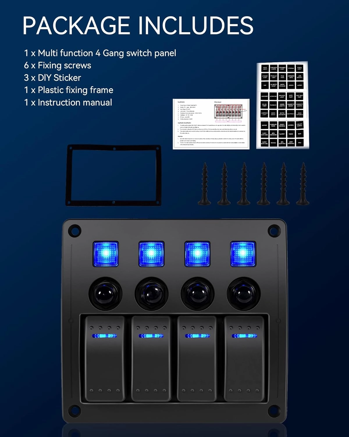 4 Gang Marine Boat Rocker Switch Panel Waterproof Overload Protector,12-24V Pre-Wired Rocker Switch LED Indicator,Multi Function Marine Toggle Switche for RV Truck Boat SUV,2 Years Warranty