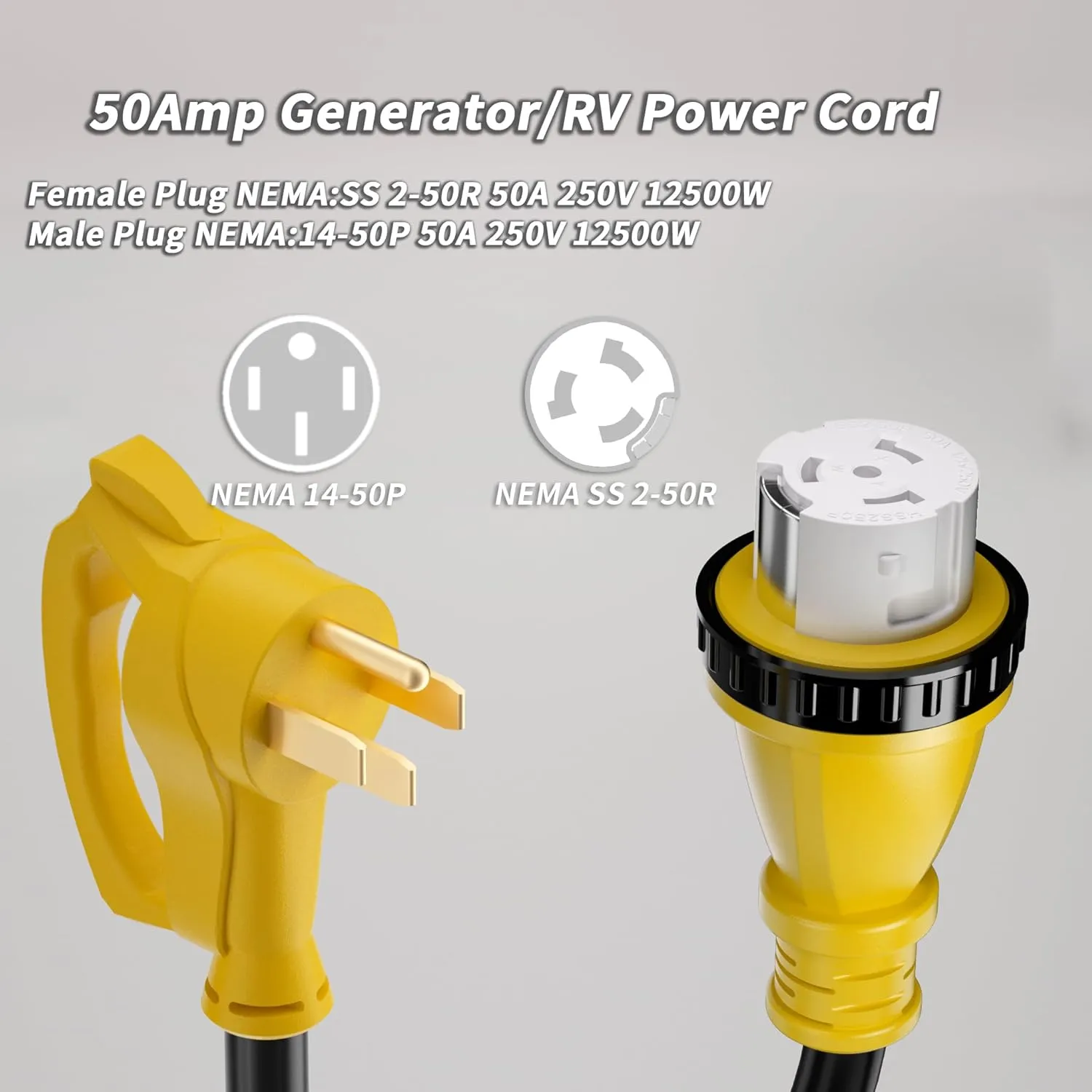 50 Amp Generator Cord, 25FT 50 Amp RV Extension Cord with Twist Lock, Generator Cable 50A 4 Prong Yellow, NEMA 14-50P/SS2-50R Heavy Duty 6/3 8/1 AWG STW Wire for RV Camper & House