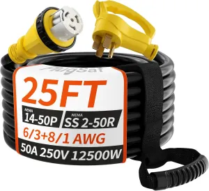 50 Amp Generator Cord, 25FT 50 Amp RV Extension Cord with Twist Lock, Generator Cable 50A 4 Prong Yellow, NEMA 14-50P/SS2-50R Heavy Duty 6/3 8/1 AWG STW Wire for RV Camper & House