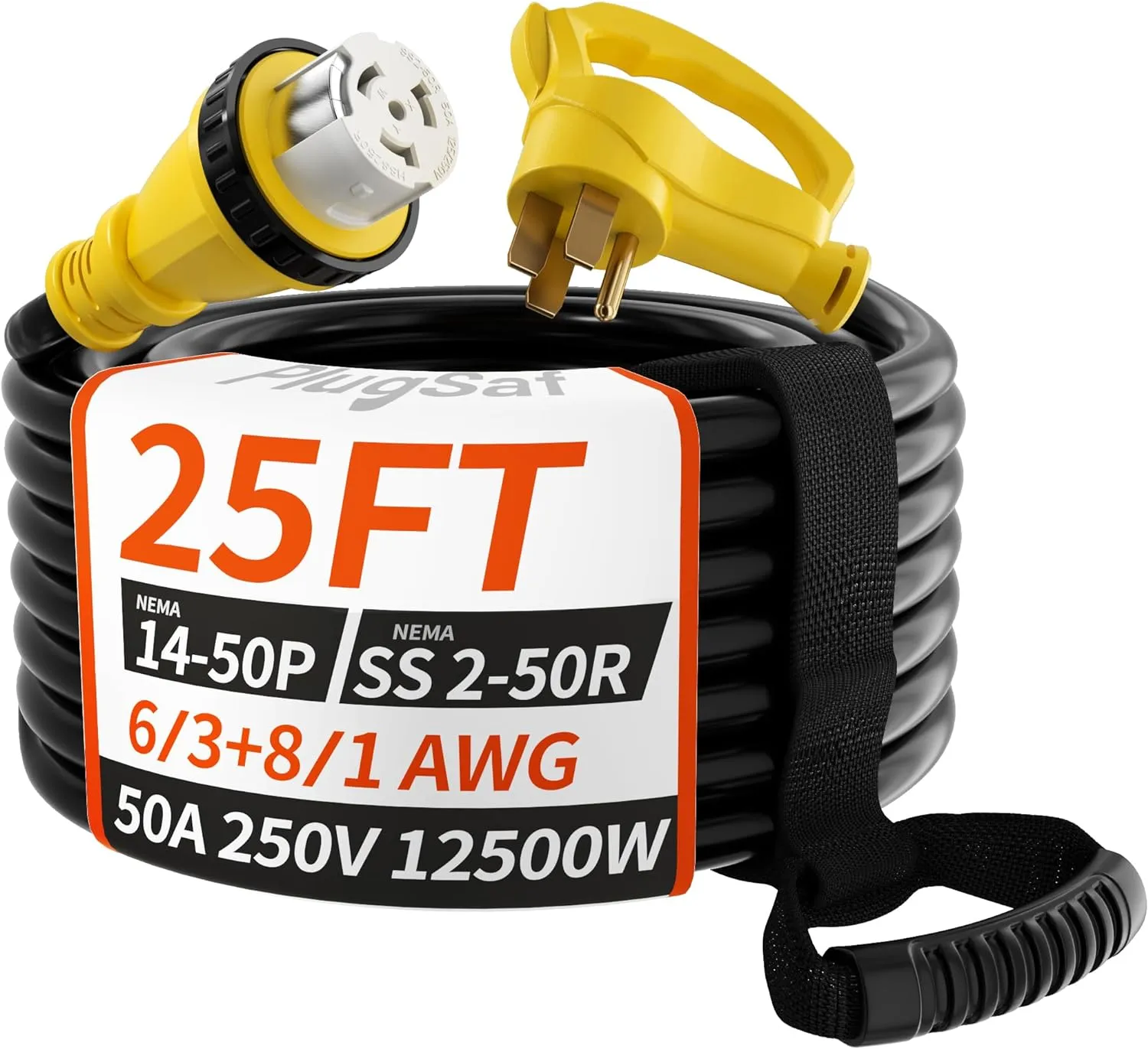50 Amp Generator Cord, 25FT 50 Amp RV Extension Cord with Twist Lock, Generator Cable 50A 4 Prong Yellow, NEMA 14-50P/SS2-50R Heavy Duty 6/3 8/1 AWG STW Wire for RV Camper & House