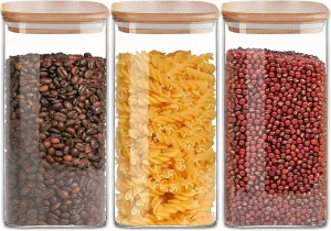 50oz Square Glass Storage Containers with Lids, Clear Food Storage Container Jar with Sealing Bamboo Lid for Noodles Flour Cereal Rice Sugar Tea Coffee Beans,Square Set of 3