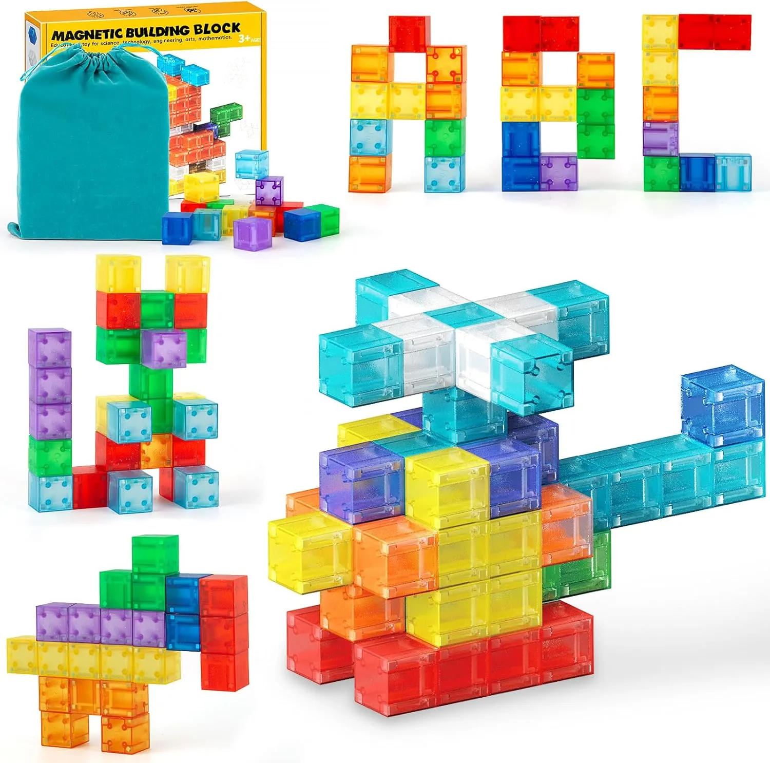 56 PCS Magnetic Blocks, Transparent Magnet Building Blocks for Toddlers, Preschool Educational Construction Kit, Sensory Montessori Autism Toys for Kids Girls Boys 3 