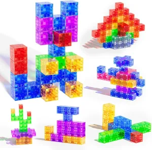56PCS Magnetic Blocks, Transparent Magnetic Cubes, Magnet Building Blocks for Toddlers 3 , Montessori Toys, Preschool STEM Educational Sensory Magnet Toys for Kids Ages 3-5 Year Old Boys and Girls