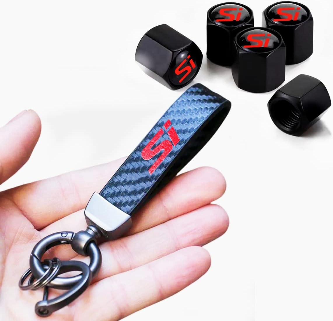 5Pcs Car Tire Valve Stem Caps,Carbon Fiber Style Car Keychain Si Emblem for Civic Accessories
