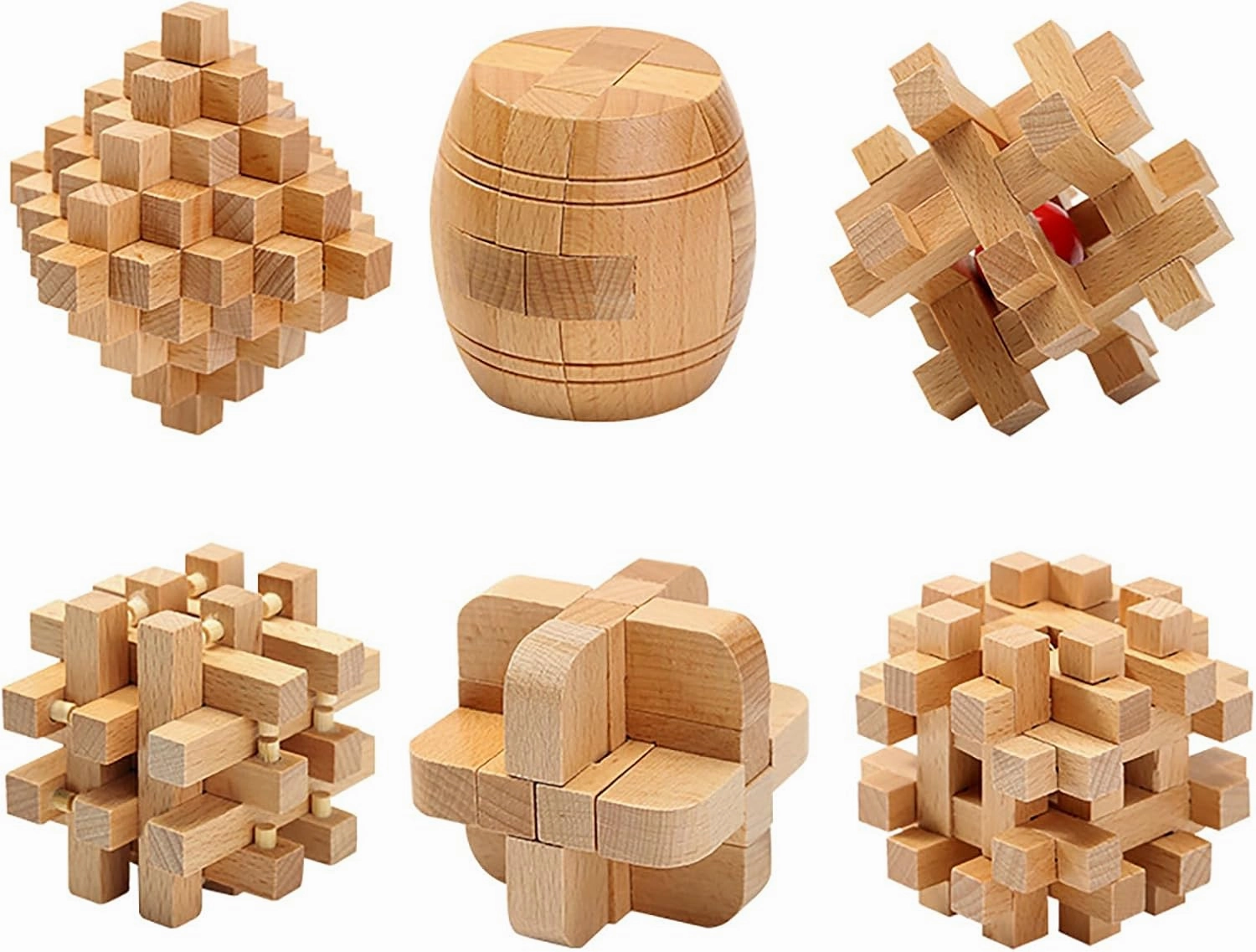 6pcs Wooden Brain Teaser Puzzles, Interlocking Games for IQ Test, Intellectual 3D Assembling Educational Toy Set for Teens and Adults (6 Puzzle Set#E05)