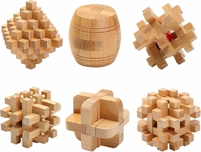 6pcs Wooden Brain Teaser Puzzles, Interlocking Games for IQ Test, Intellectual 3D Assembling Educational Toy Set for Teens and Adults (6 Puzzle Set#E05)